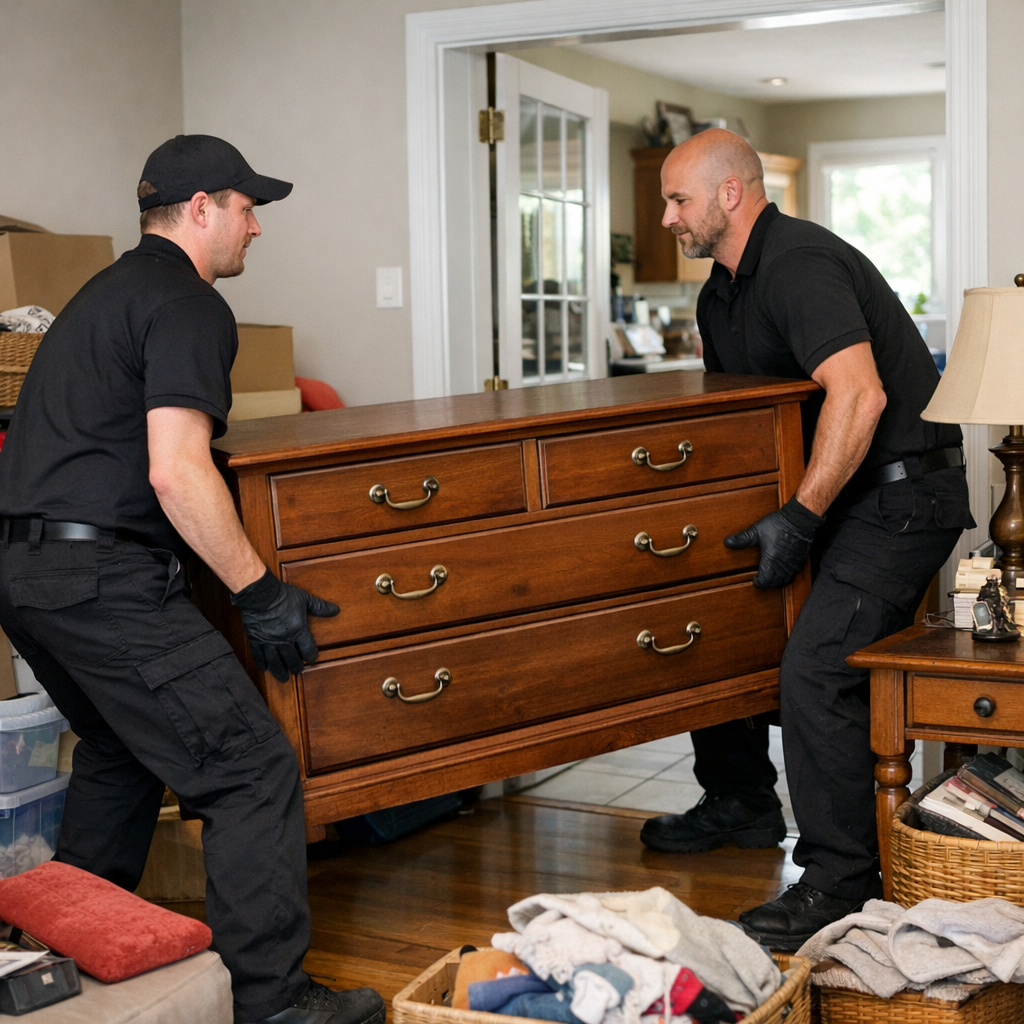 photographic 2 agents dentretien habill en noir en train de porter un meuble dans une maison dans le but de la dsencombrer-1