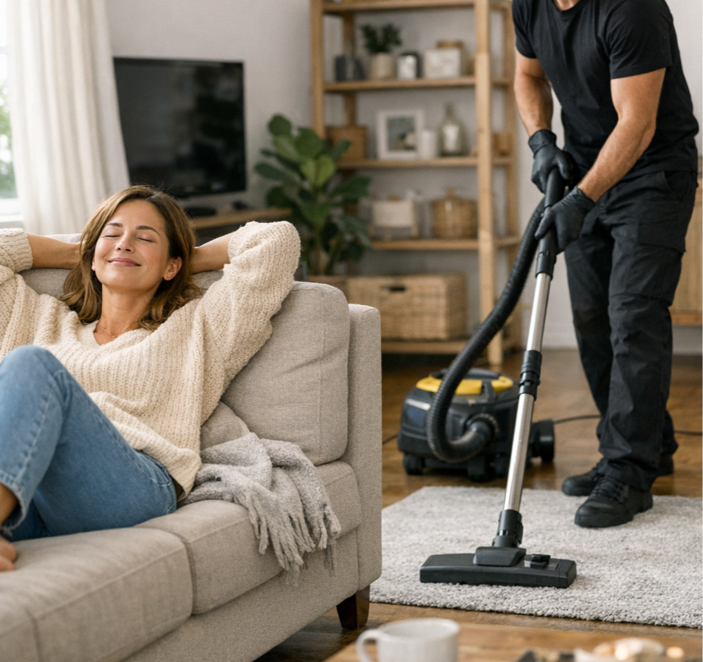 photographic Une femme assise dans son canap en train de se relaxer pendant quun agent de nettoyage habill en noir sans masque passe laspirateur dans-1-1-2