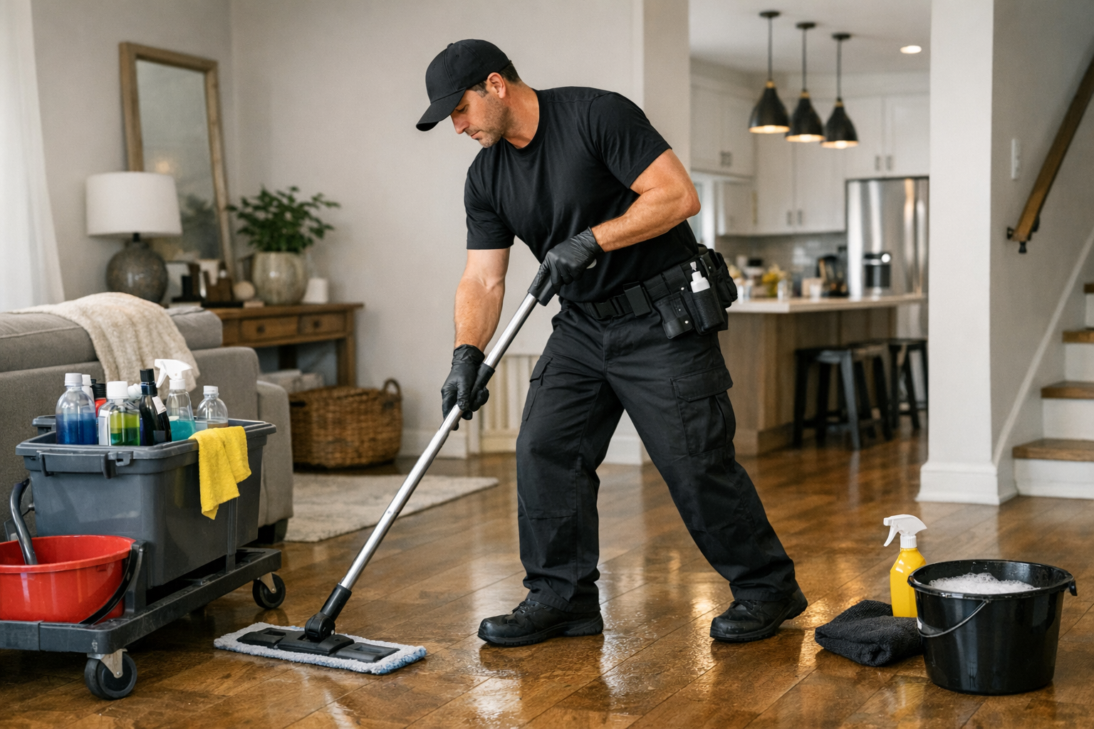 photographic un agent de nettoyage  habill tout en noir qui fait le mnage dans une maison
