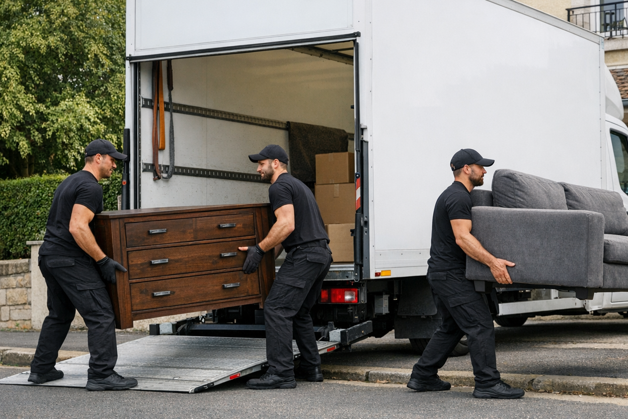 photographic 2 hommes habills tout en noir qui portent des meubles lourds au pied dun camion blanc 20m3 avec haillon gars devant une maison-1